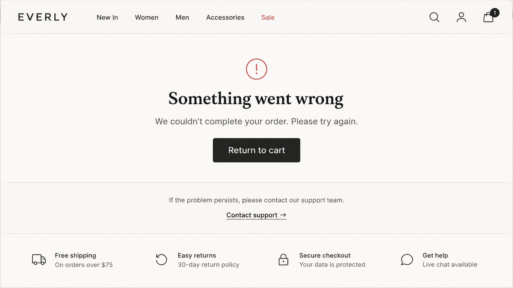 Captured checkout error showing an unsuccessful order